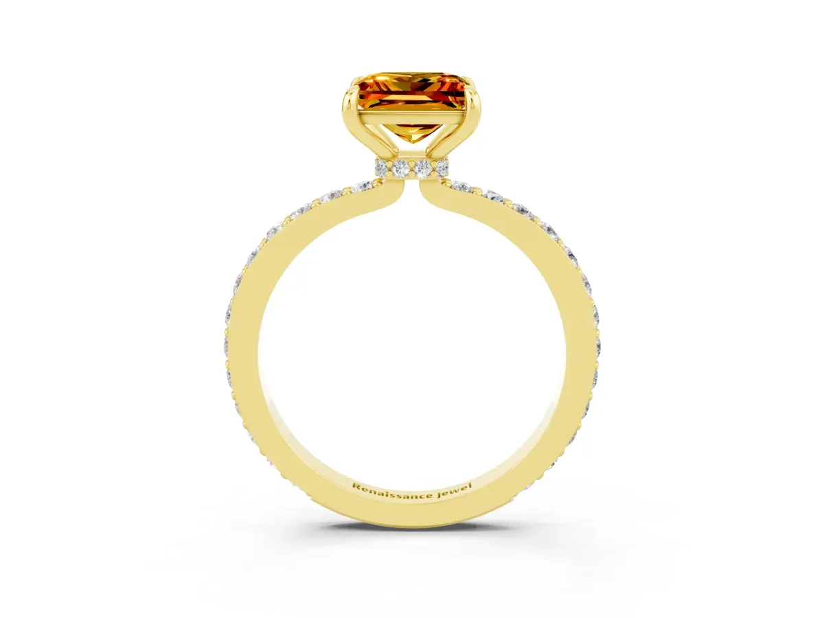 Princess Cut Citrine Solitaire Engagement Ring with Pavé Band and Four-Prong Setting Yellow gold