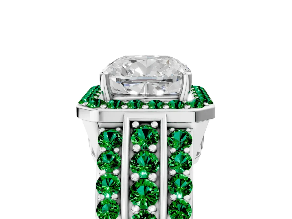 Cushion Cut Halo Diamond Ring with Round Emerald Split Shank and Prong Setting Silver
