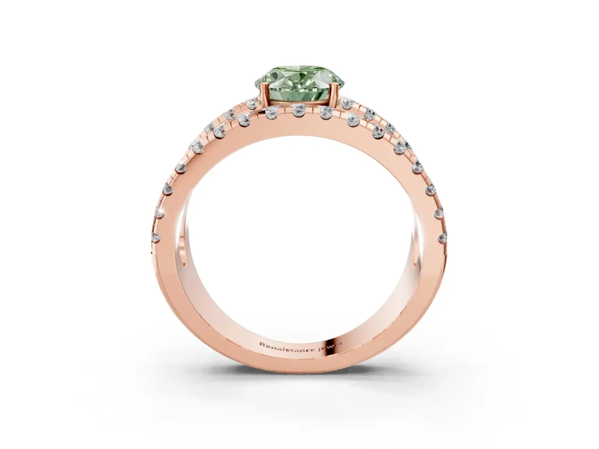 Fancy Green Oval Cut Solitaire Split Shank Pave Diamond Ring Rose gold
