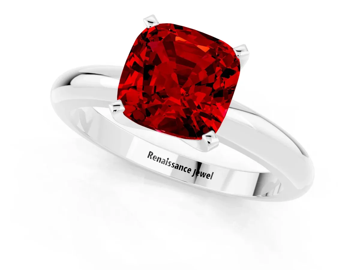 Cushion Cut Ruby Solitaire Engagement Ring with Round Band and Four-Prong Setting Silver