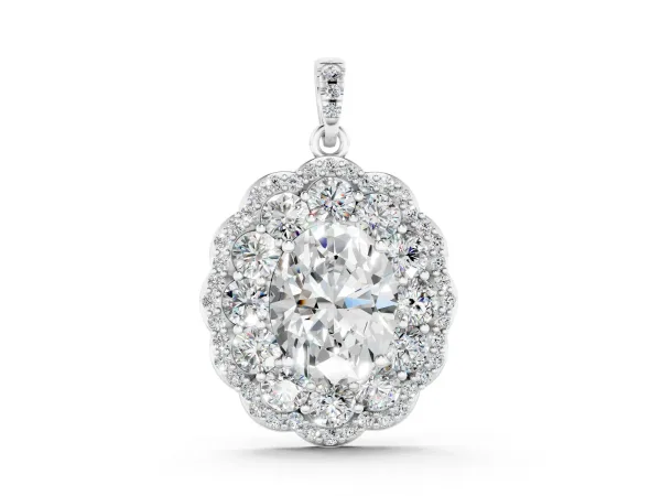 Oval Diamond Floral Halo Pendant with Diamond Accents White gold
