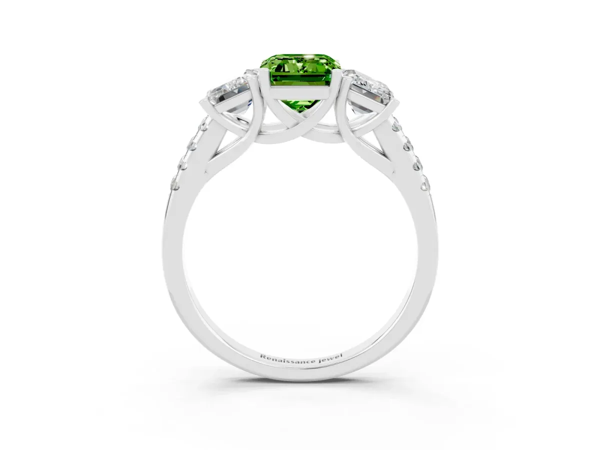Three-Stone Emerald Cut Peridot Ring with Round Pavé Band and Prong Setting Platinum