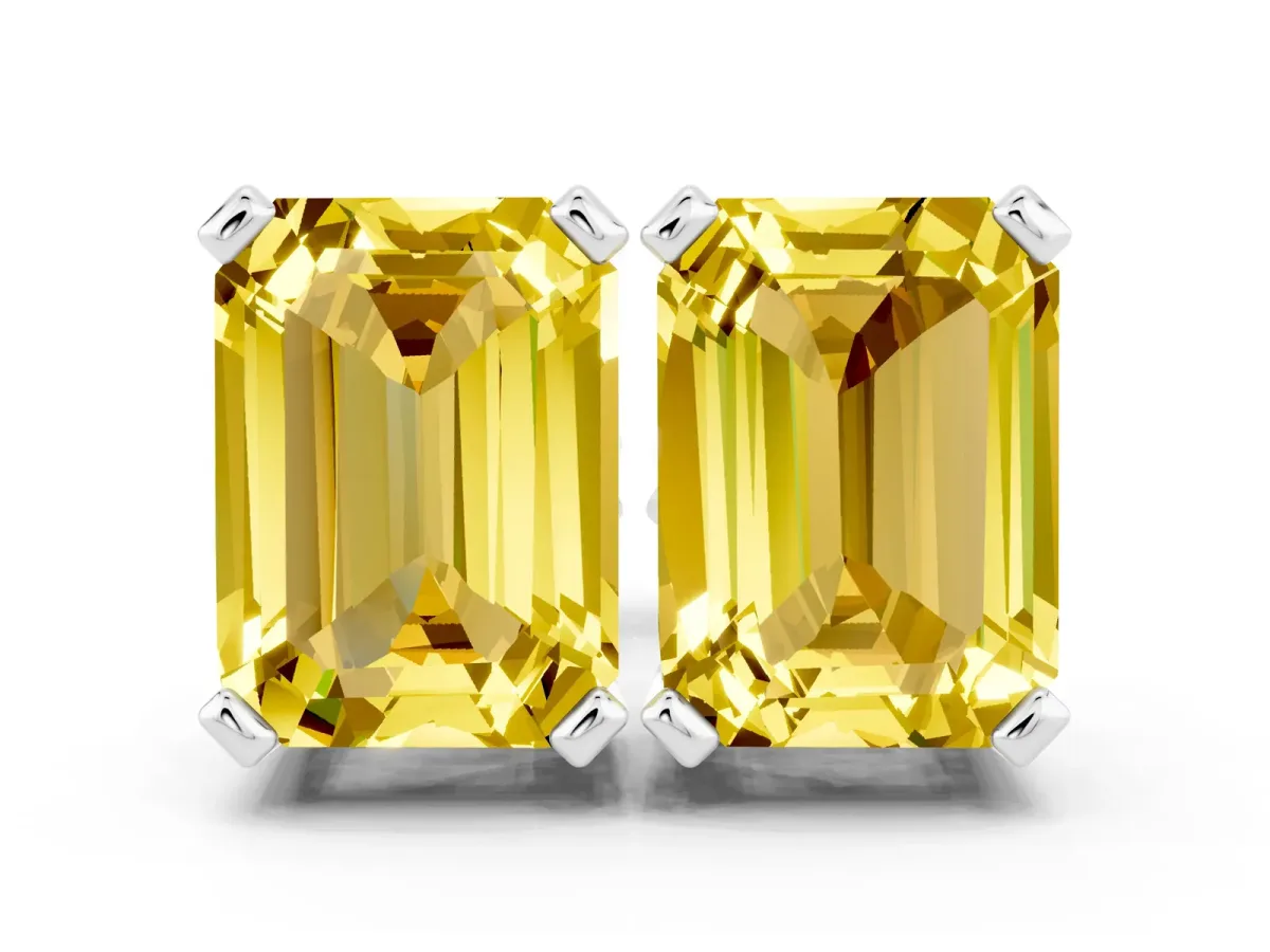 Emerald Cut Yellow Sapphire Stud Earrings Silver