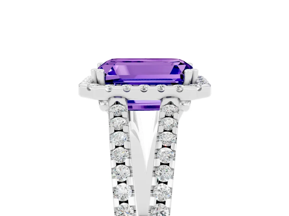 Emerald Cut Tanzanite Halo Split Shank Engagement Ring Platinum