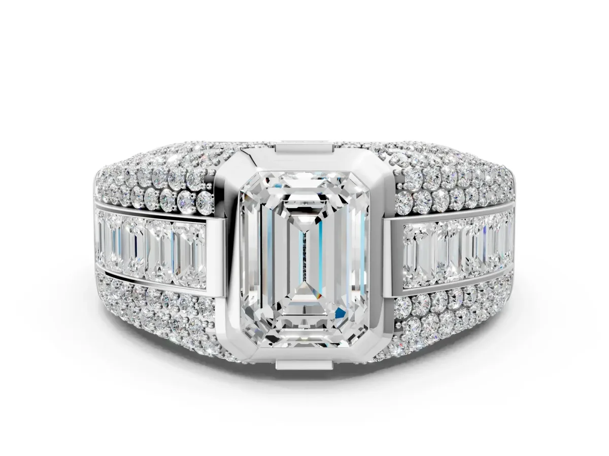 Emerald Cut Diamond Mens Ring with Side Stones Silver