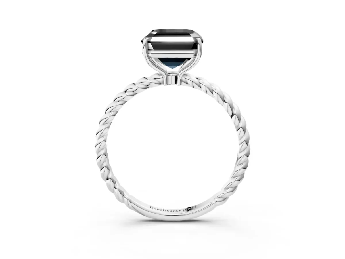 Fancy Black Asscher Cut Solitaire Twisted Band 4-Prong Ring Platinum