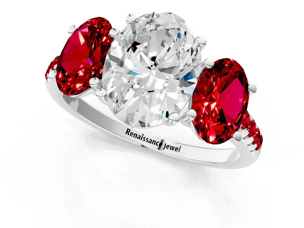 Three-Stone Oval Cut Diamond Ring with Round Ruby Pavé Band and Prong Setting Silver