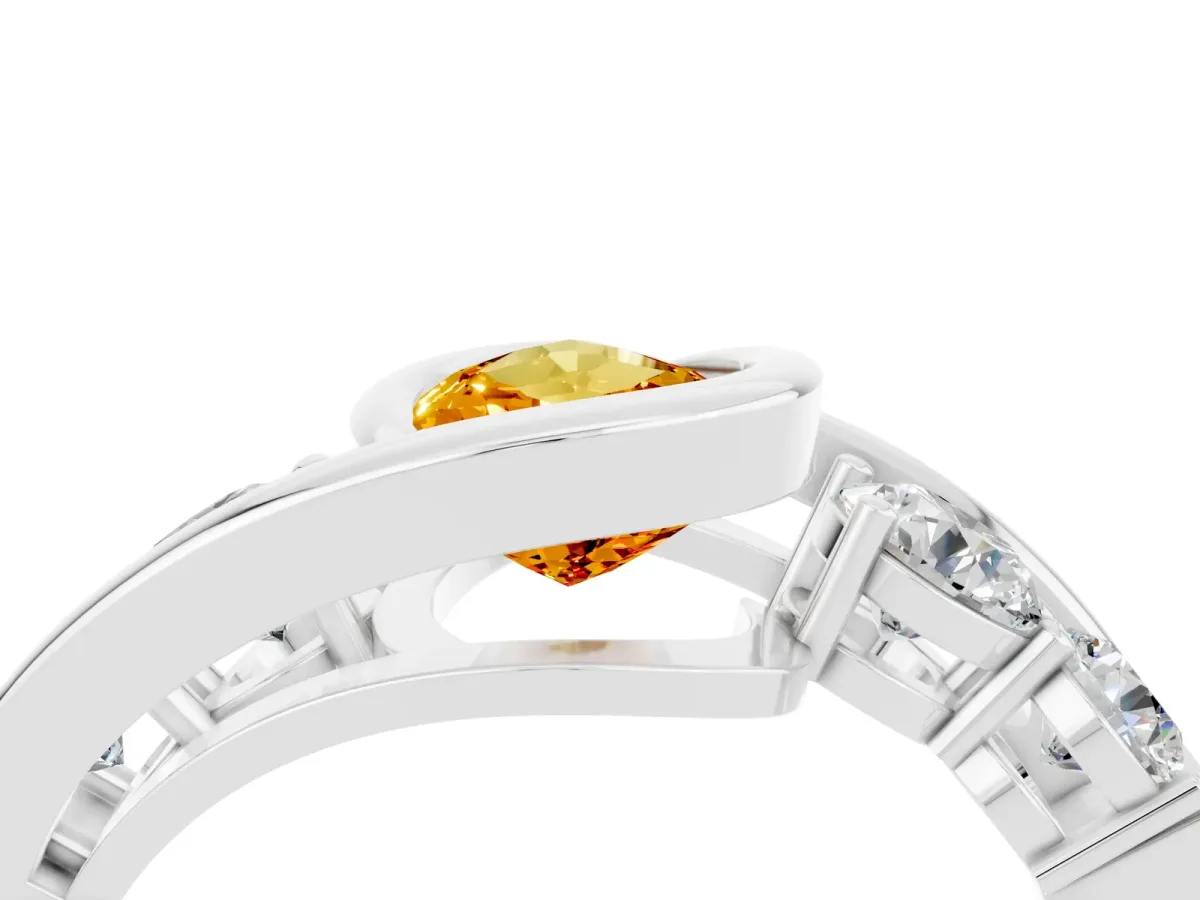 Bezel Set Pear Cut Citrine Bypass Ring with Round Accents Silver