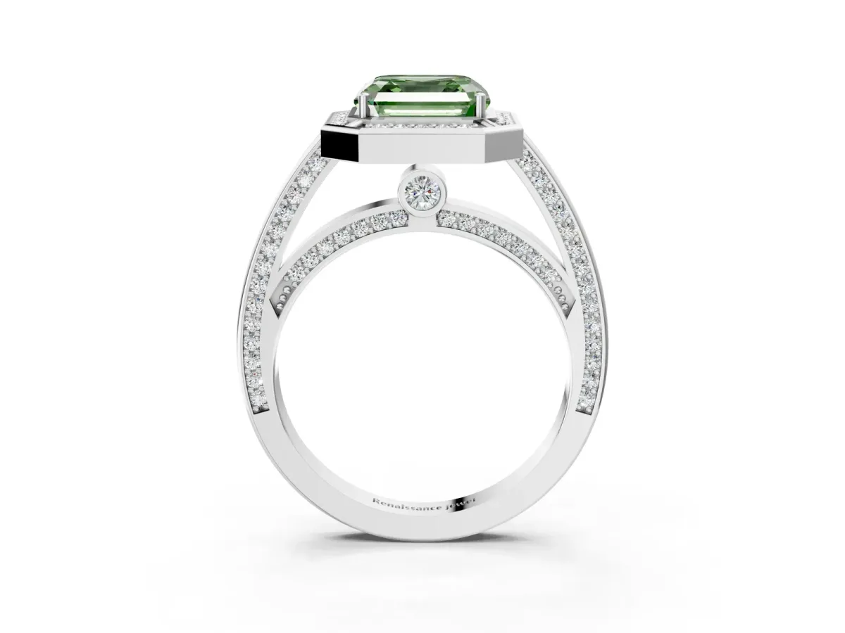 Fancy Green Asscher Cut Cut Halo Pave Split Shank Prong Setting Ring Platinum