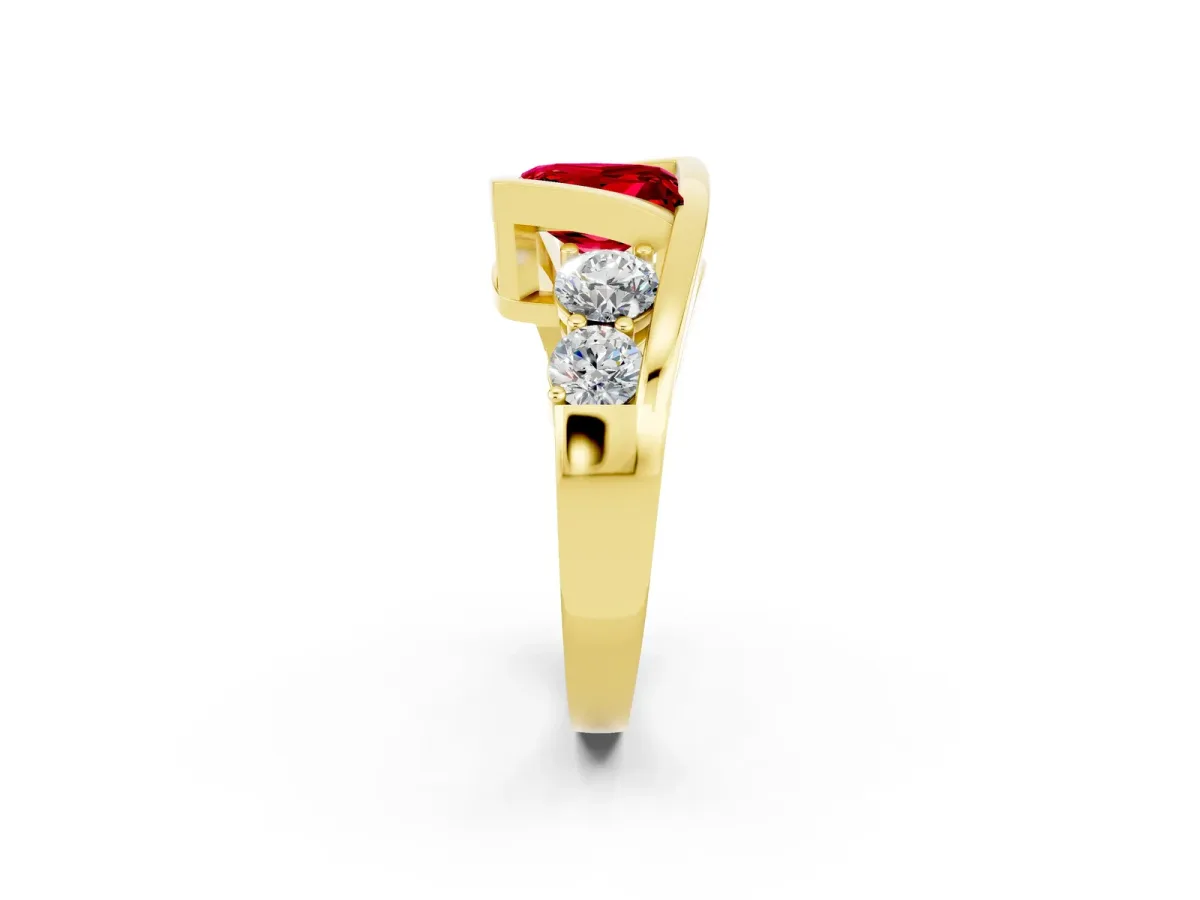 Bezel Set Princess Cut Ruby Bypass Ring with Round Accents Yellow gold