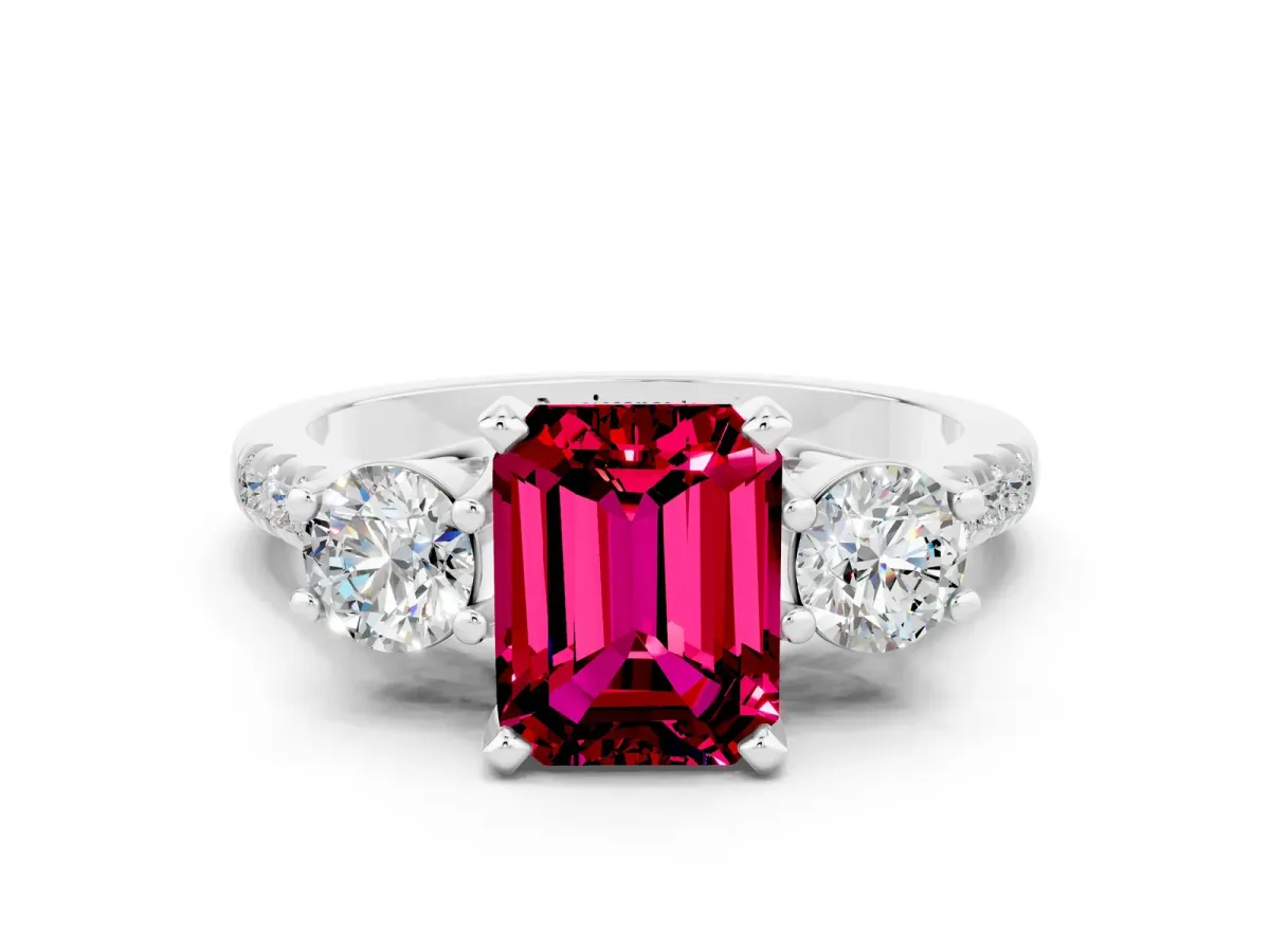 Three-Stone Emerald Cut Garnet Pavé Band with Four-Prong Setting Silver