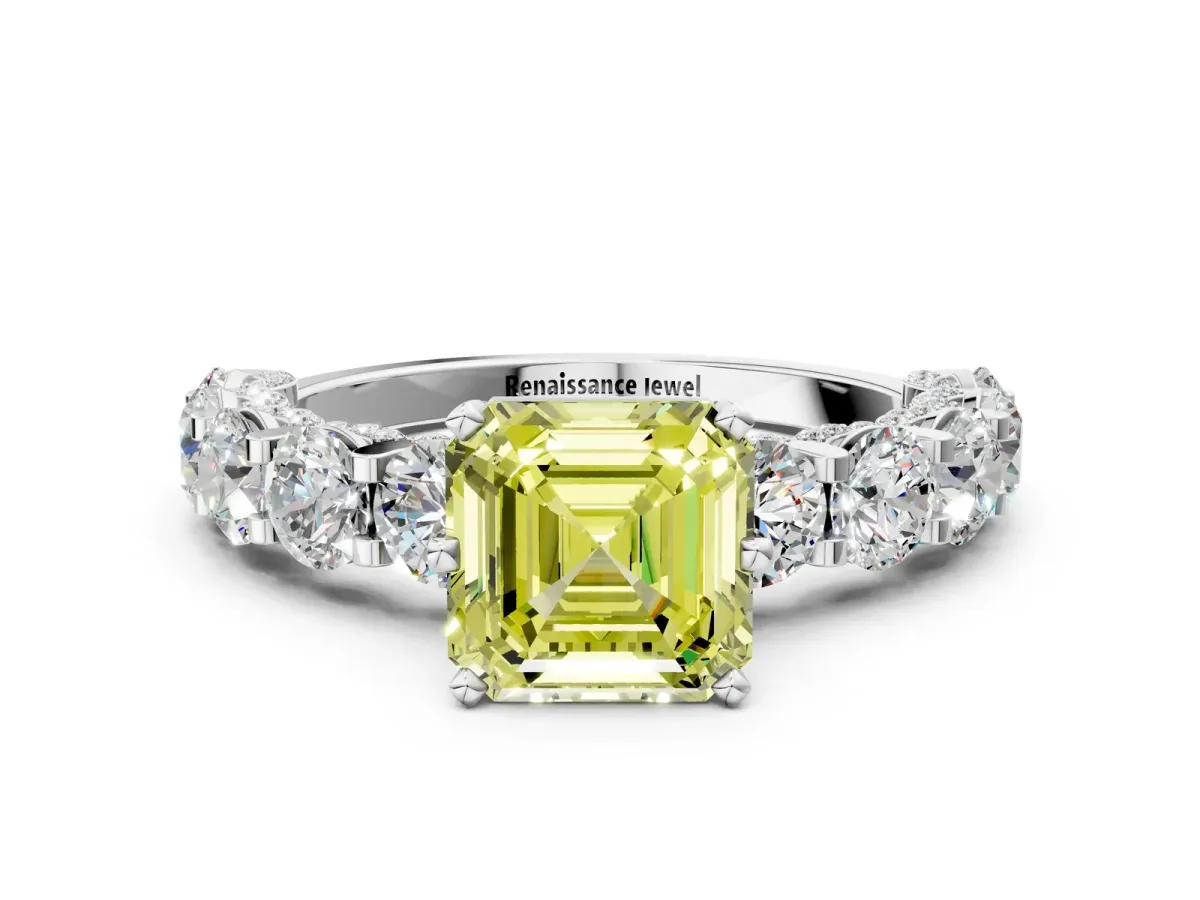 Fancy Yellow Asscher Cut Diamond Side Stone Engagement Ring with Four-Prong Setting White gold