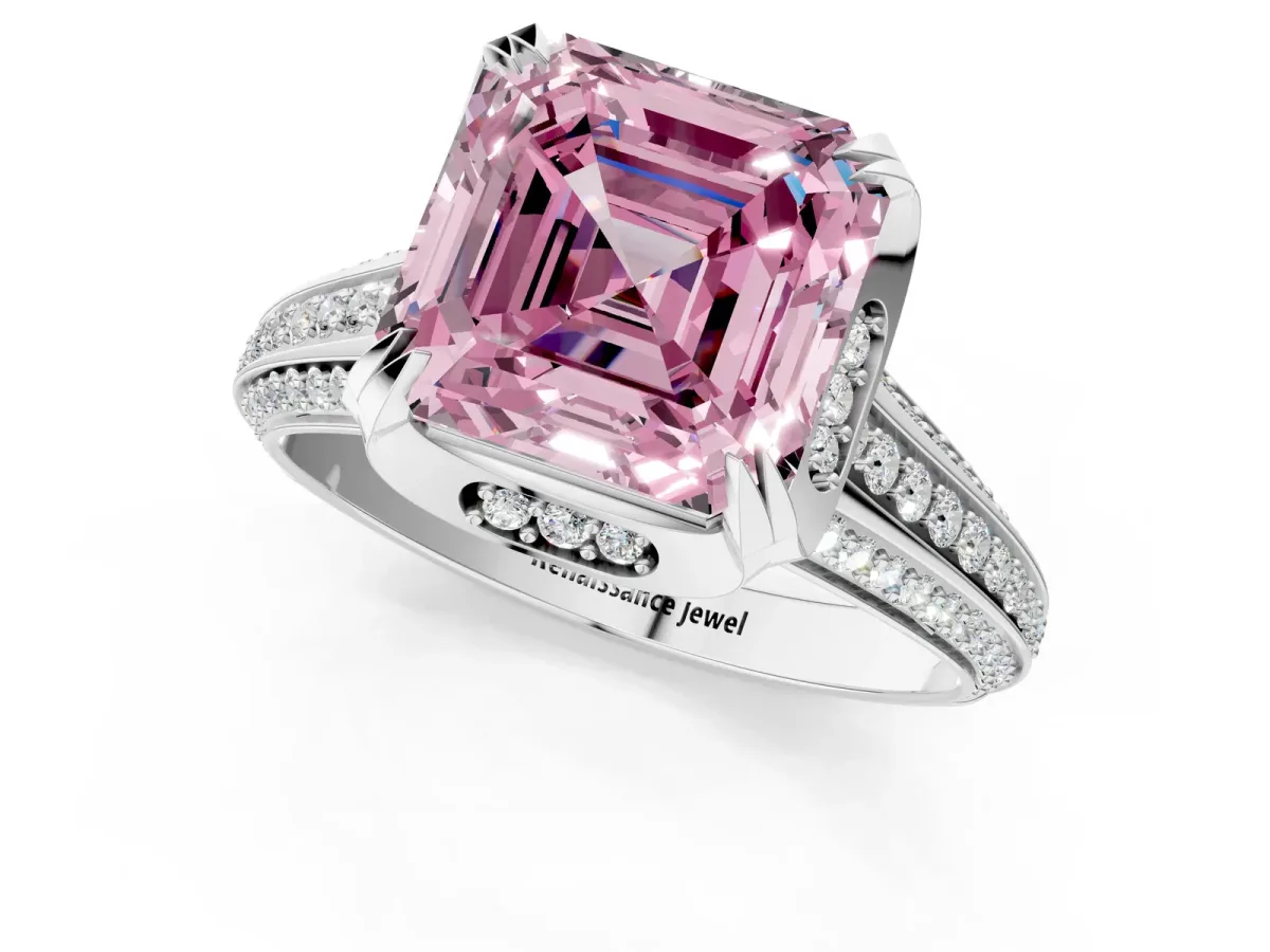 Fancy Pink Asscher Cut Solitaire Pave Split Shank Ring with Four-Prong Setting Platinum