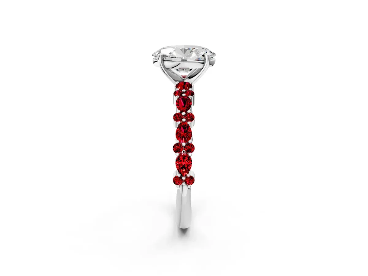Oval Cut Diamond Side Stone Solitaire Ring with Round Ruby and Four-Prong Setting White gold