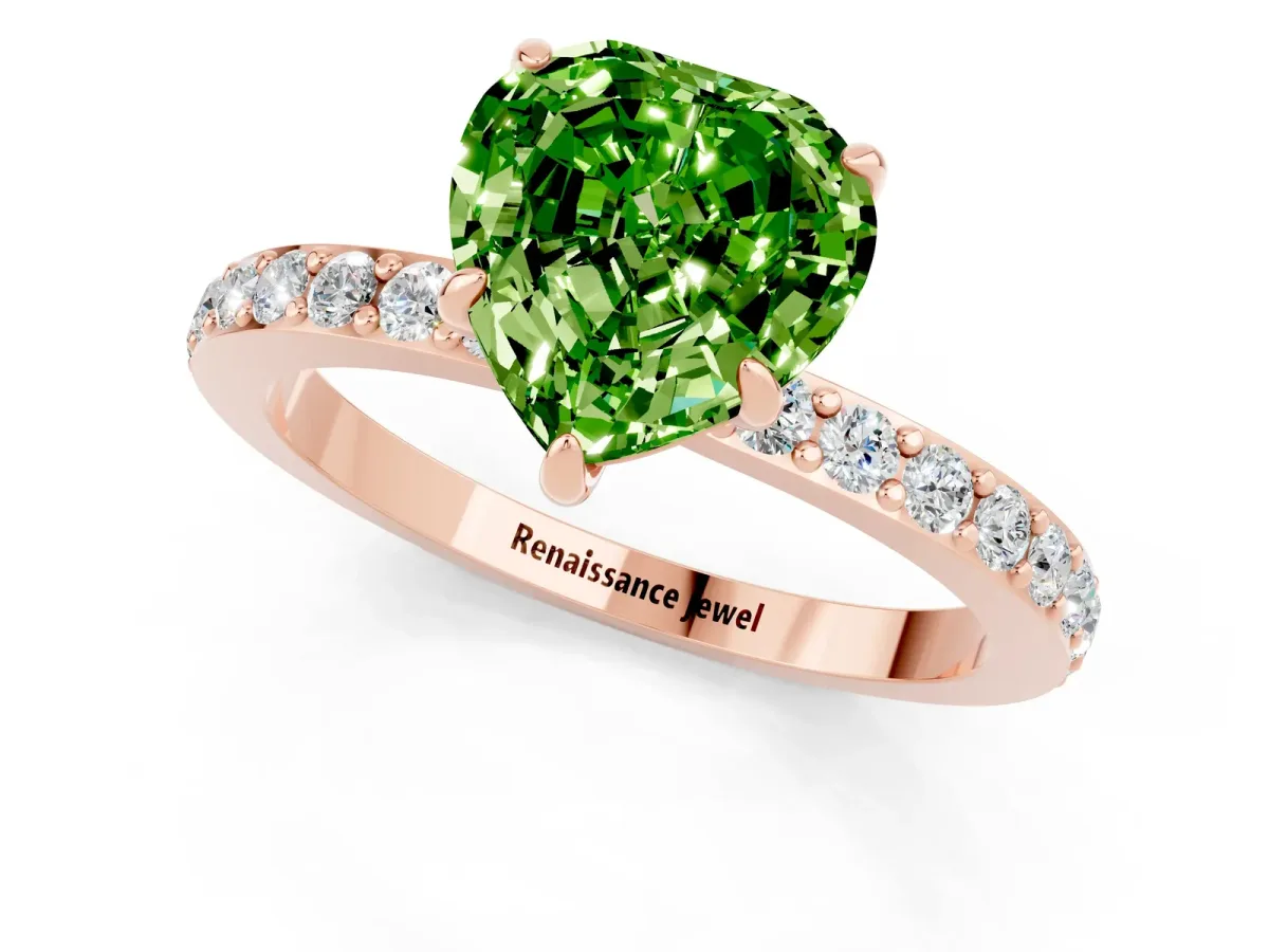 Heart Cut Peridot Solitaire Engagement Ring with Pavé Band and Four-Prong Setting Rose gold