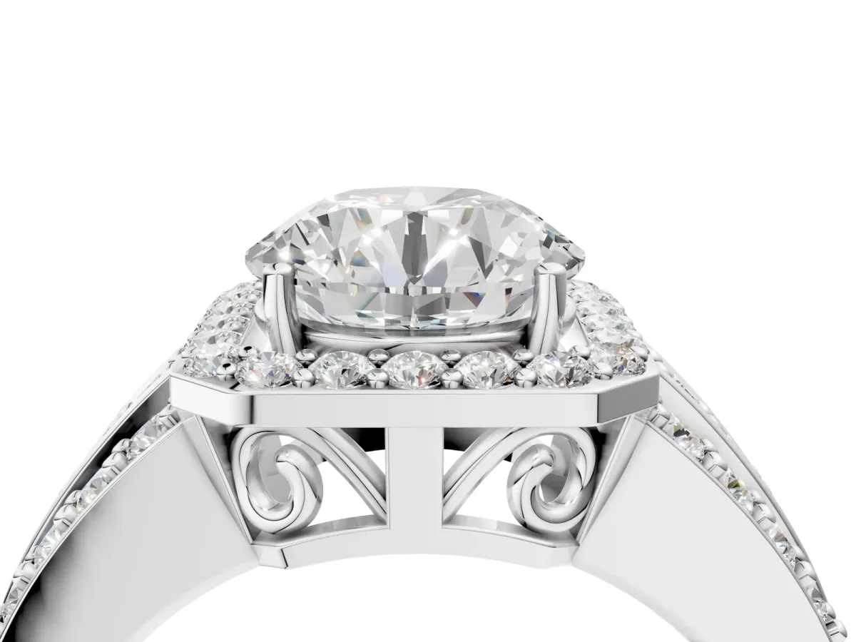 Round Cut Halo Diamond Ring with Round Tanzanite Split Shank and Prong Setting Silver