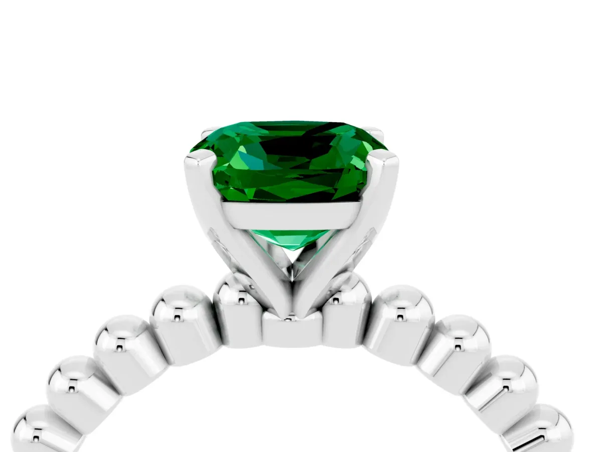 Cushion Cut Emerald Solitaire Ring with Beaded Band and Prong Setting Silver