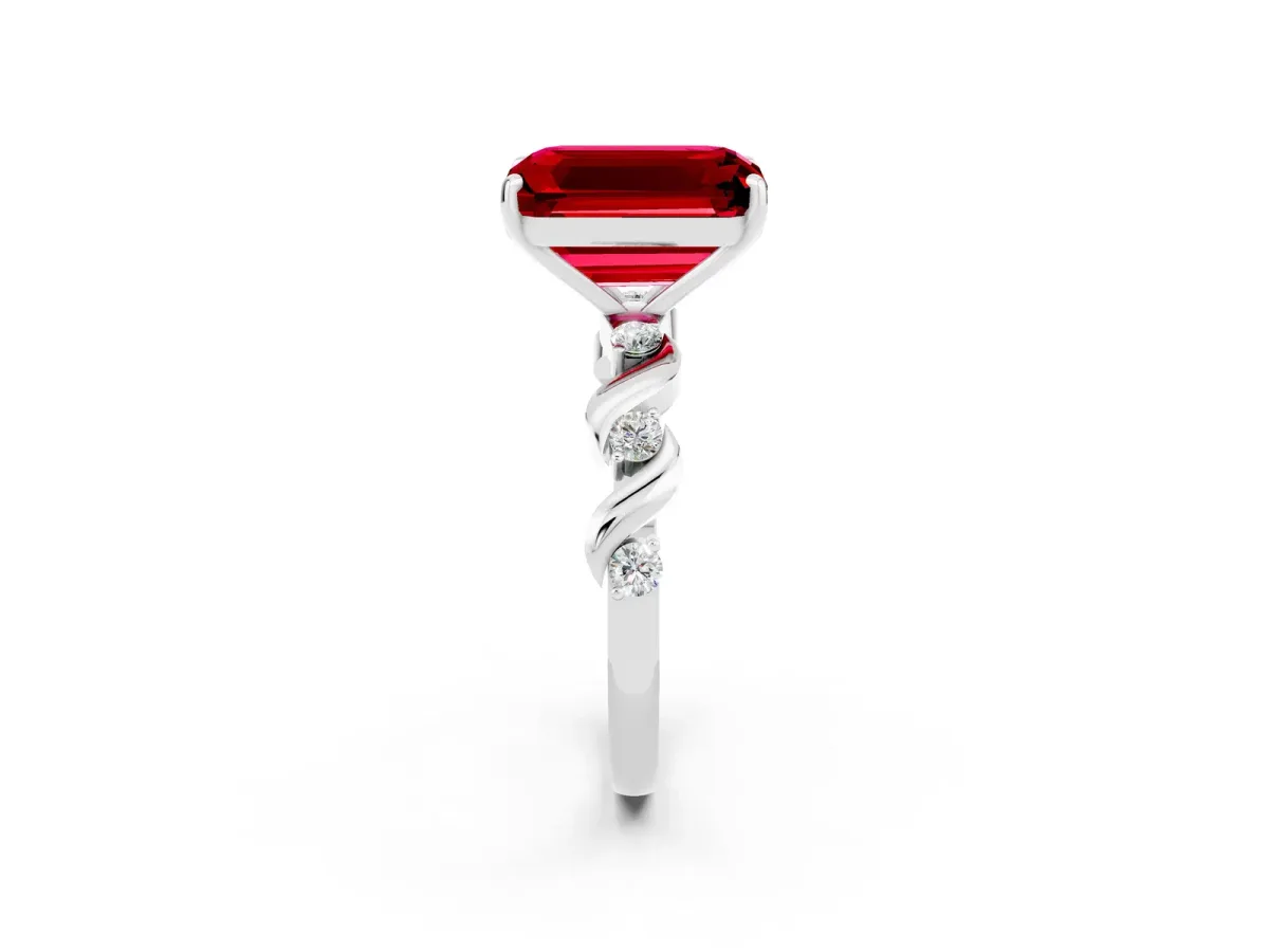 Emerald Cut Ruby Solitaire Twisted Band with Round Accents and Prong Setting Platinum
