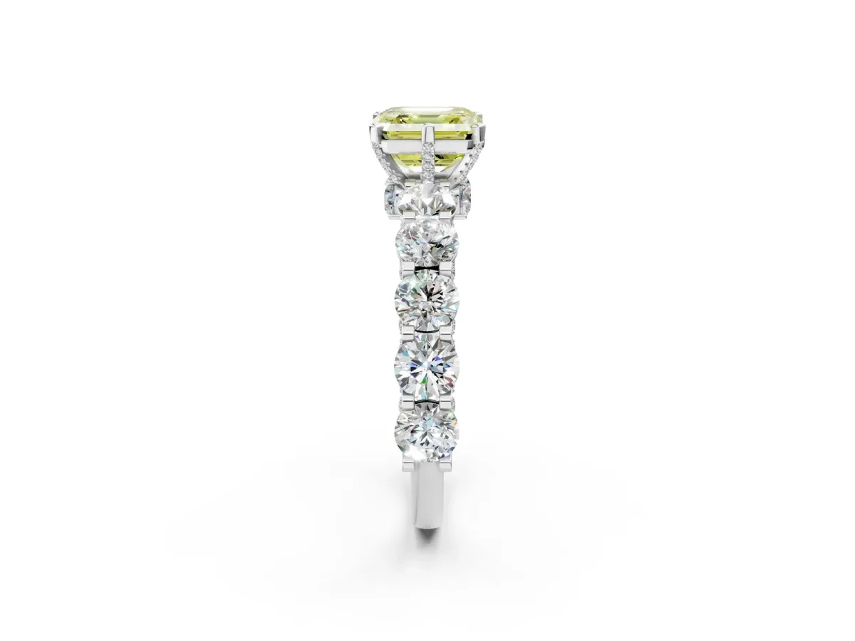 Fancy Yellow Asscher Cut Diamond Side Stone Engagement Ring with Four-Prong Setting White gold