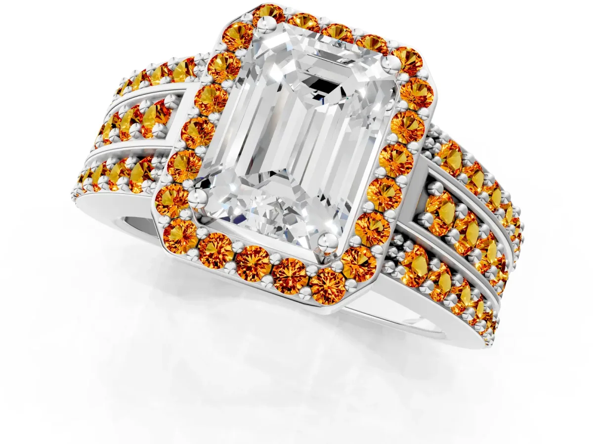 Emerald Cut Halo Diamond Ring with Round Citrine Split Shank and Prong Setting Platinum