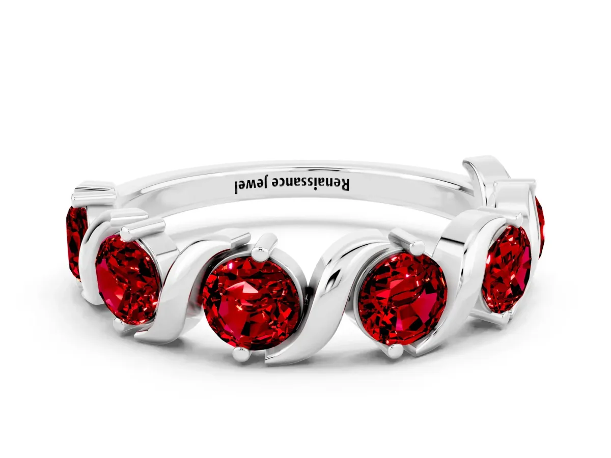 Six-Stone Round Ruby Wave Band with Shared Prong Setting Silver