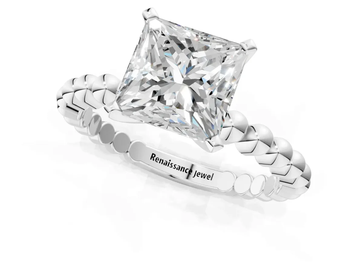 Princess Cut Diamond Solitaire Ring with Beaded Band and Prong Setting Silver