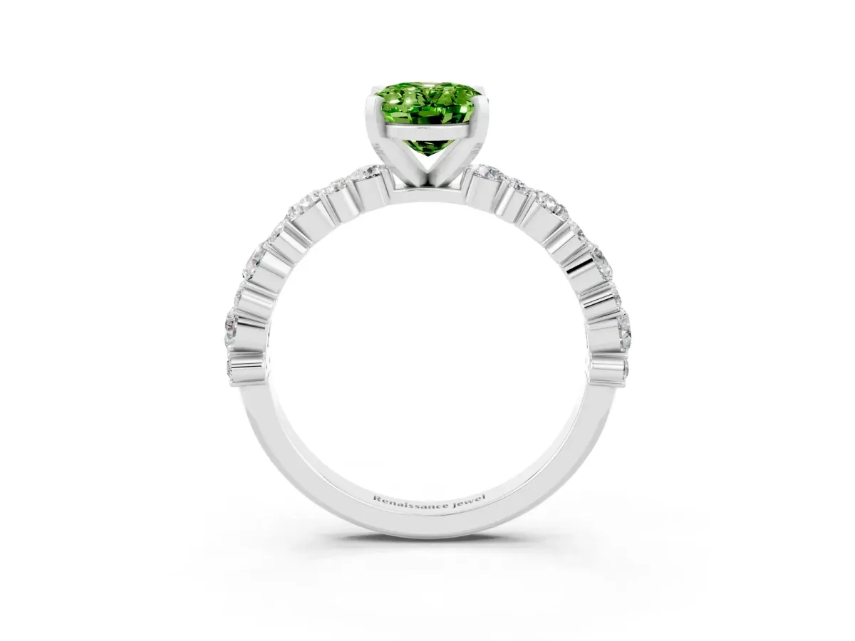 Oval Cut Peridot Side Stone Solitaire Ring with Round and Four-Prong Setting Platinum