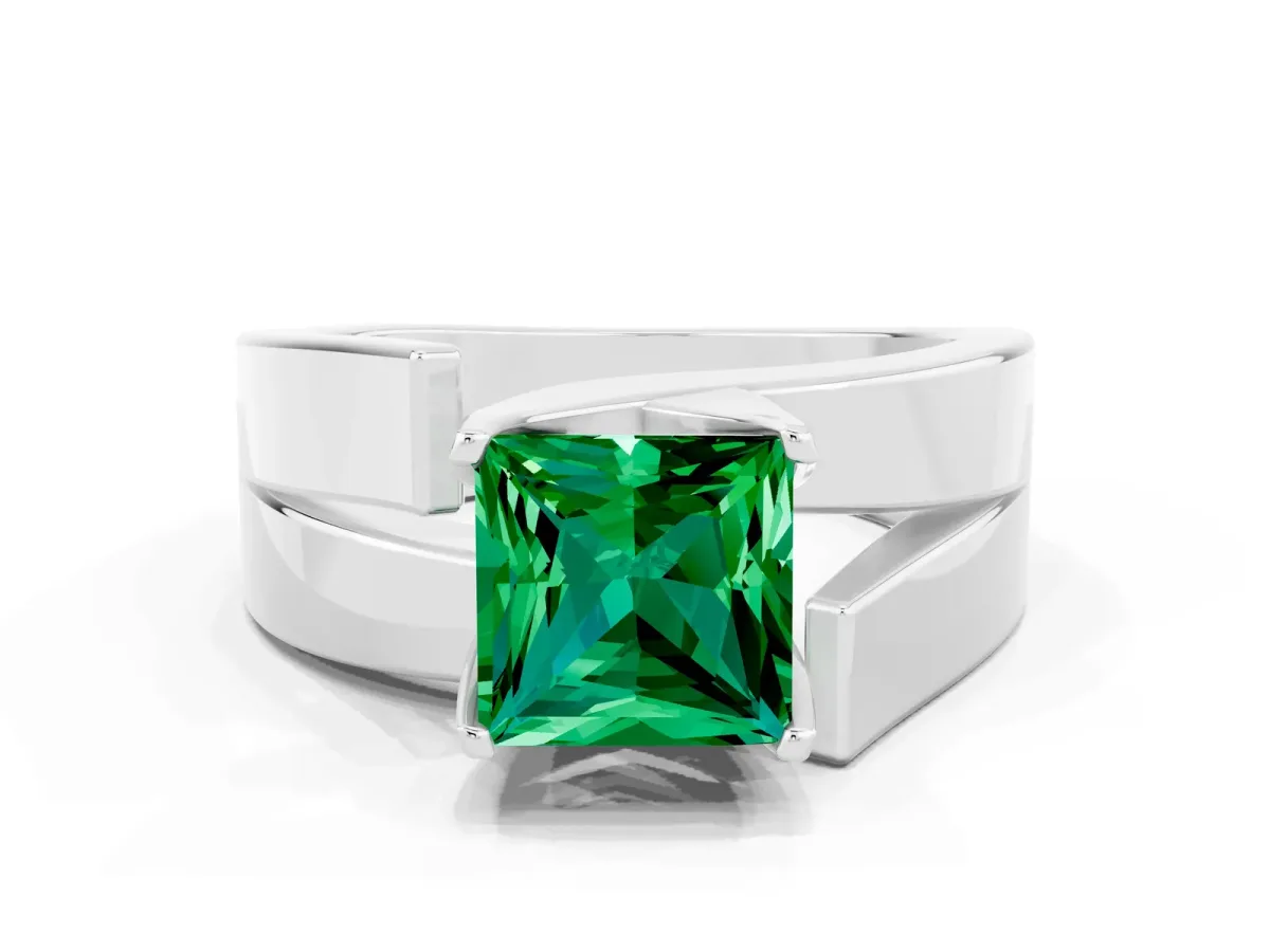 Modern Tension Set Princess Cut Emerald Solitaire Wide Band Ring Silver