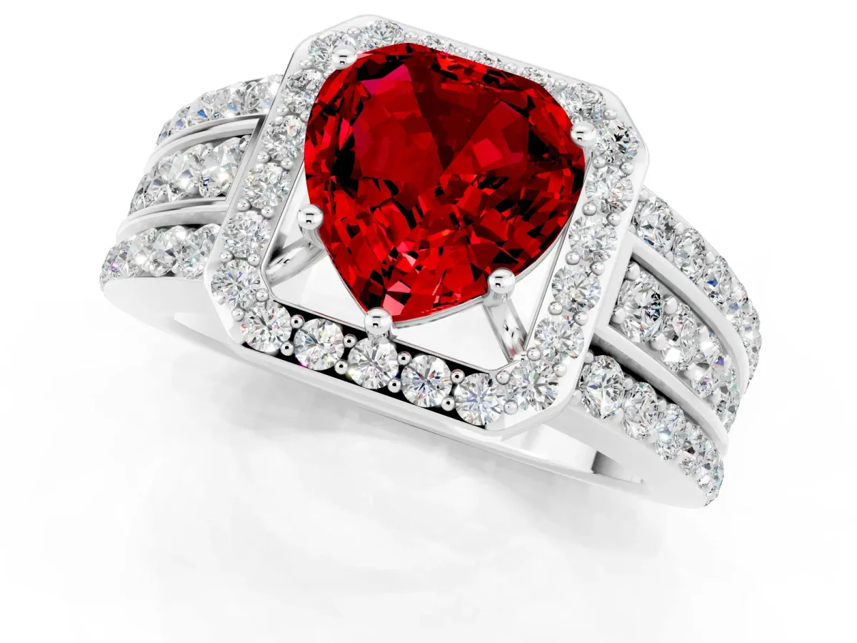 Heart Cut Halo Ruby Ring with Round Split Shank and Prong Setting White gold