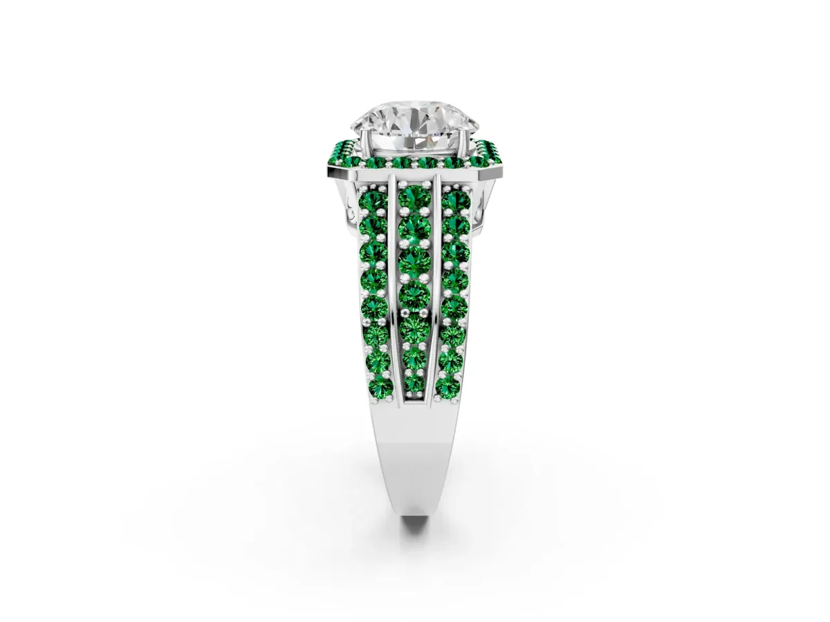 Round Cut Halo Diamond Ring with Round Emerald Split Shank and Prong Setting Silver