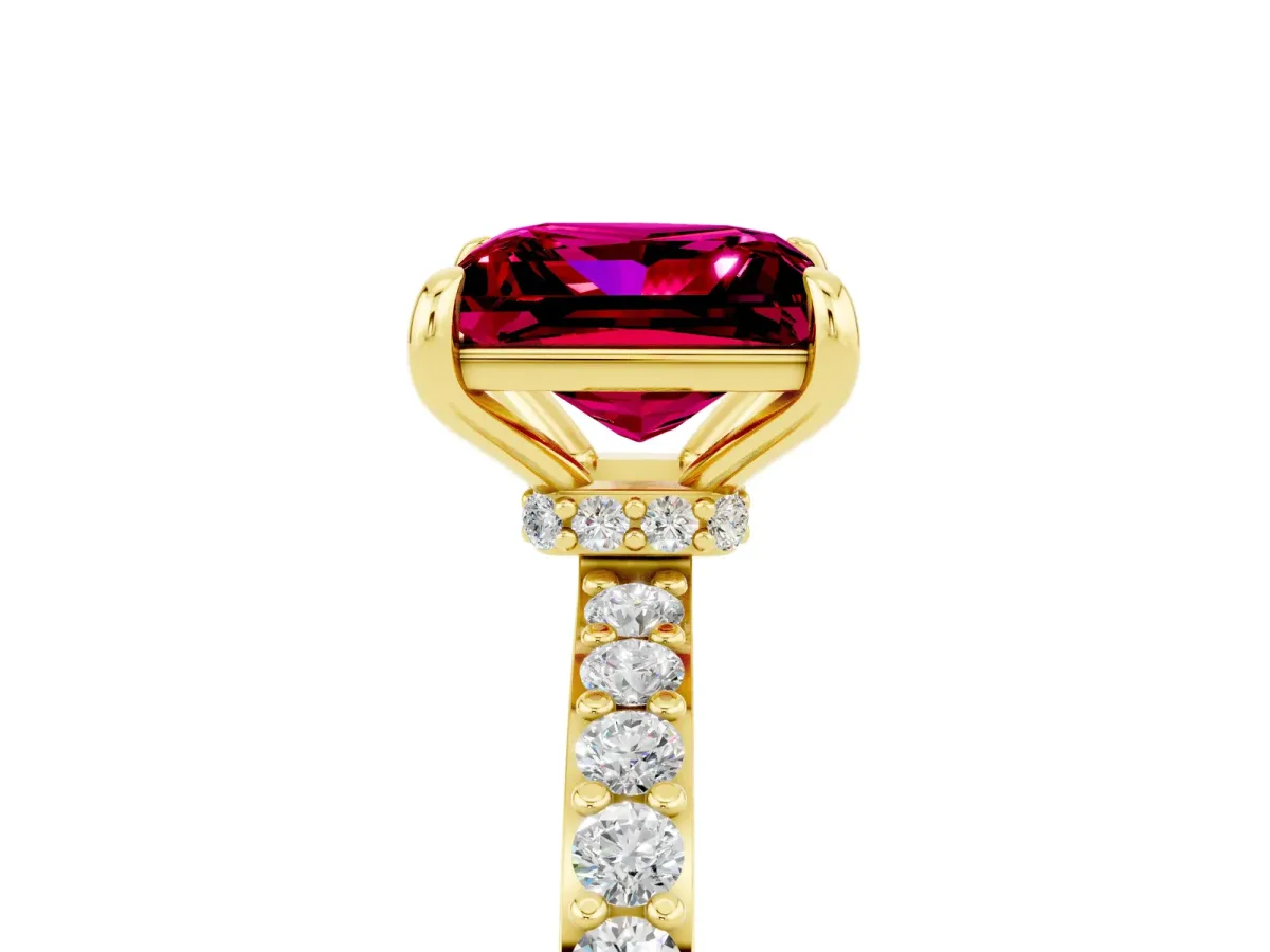 Princess Cut Garnet Solitaire Engagement Ring with Pavé Band and Four-Prong Setting Yellow gold