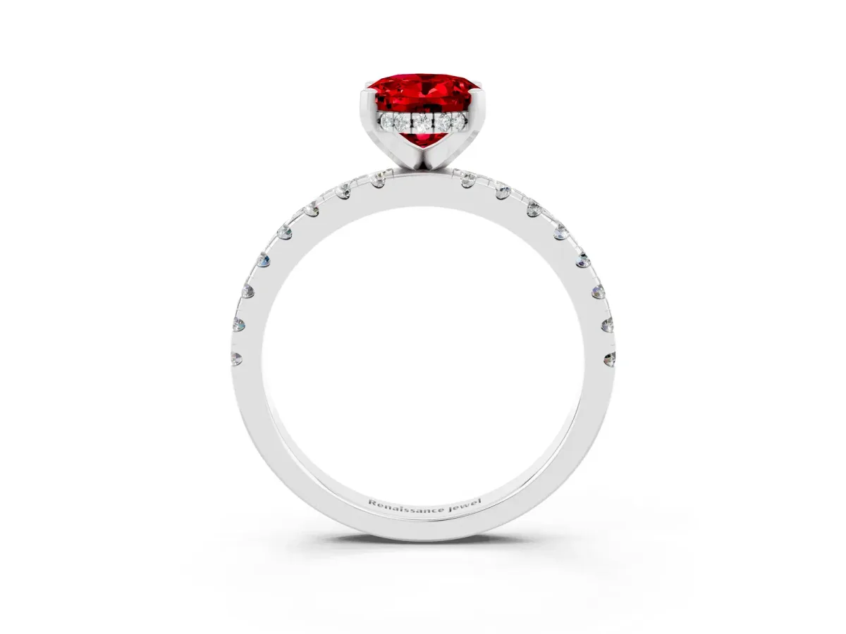 Oval Cut Ruby Solitaire Ring with Round Pavé Band and Four-Prong Setting White gold