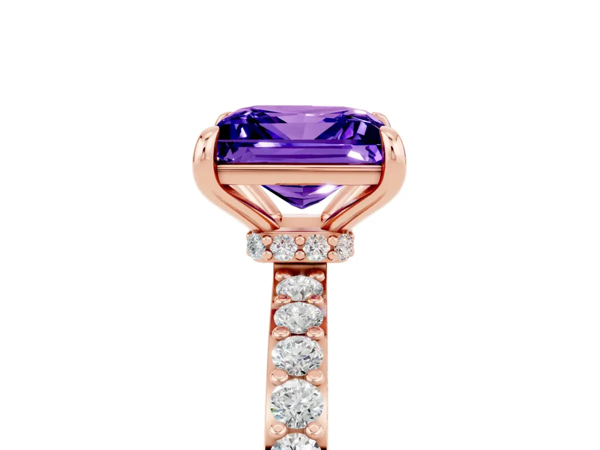Princess Cut Tanzanite Solitaire Engagement Ring with Pavé Band and Four-Prong Setting Rose gold