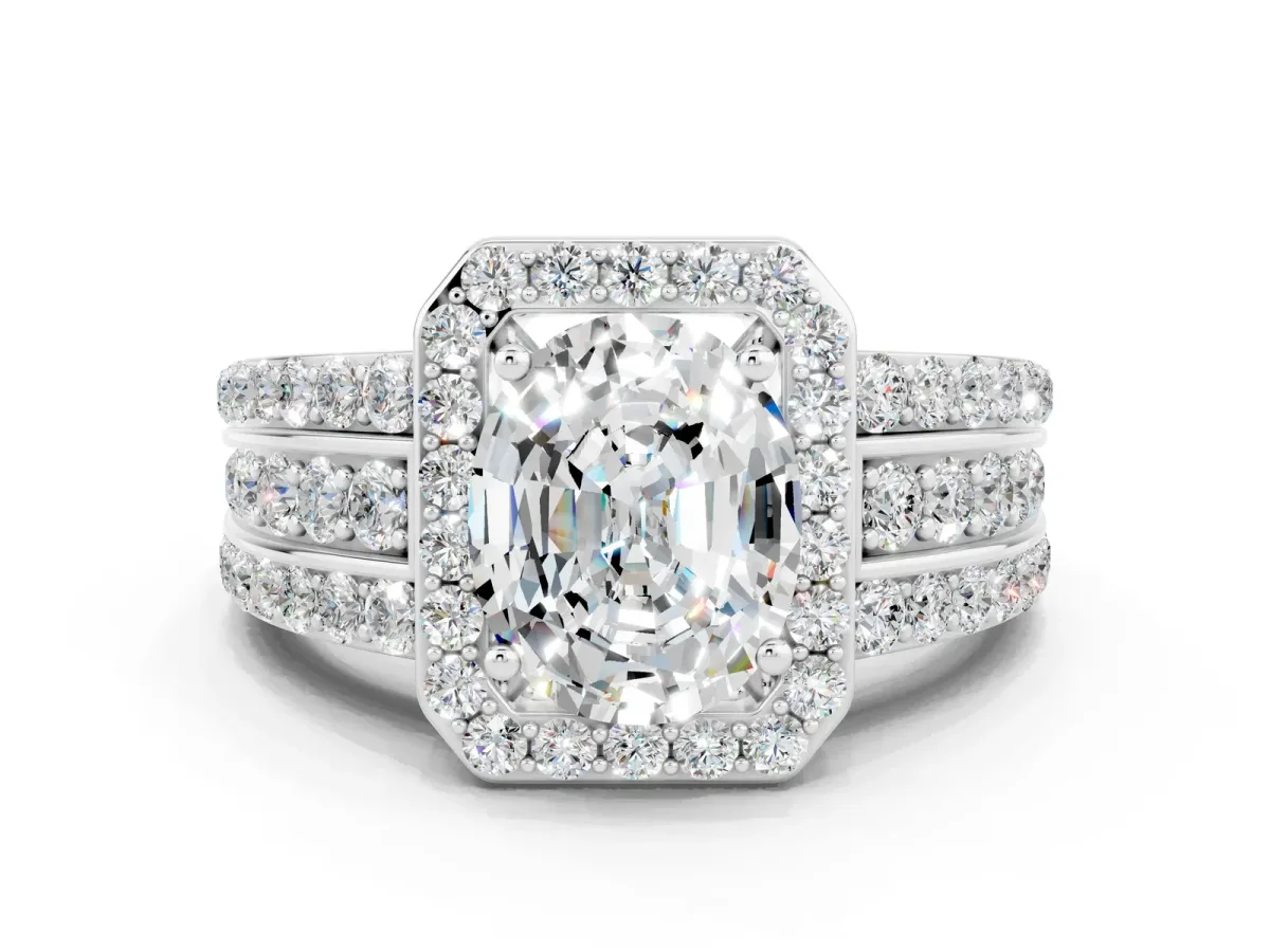 Oval Cut Halo Moissanite Ring with Round Split Shank and Prong Setting Silver