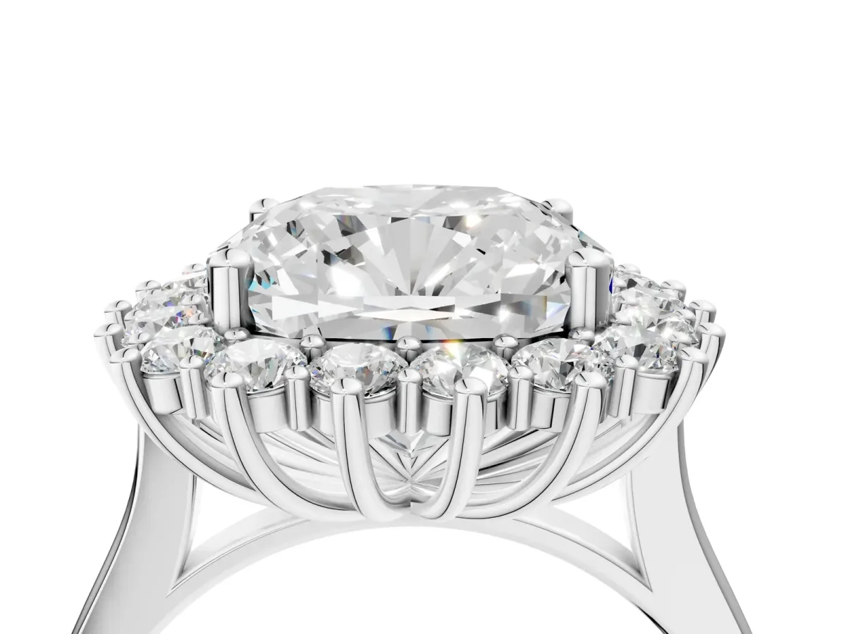 Cushion Diamond Halo Engagement Ring with Round Diamond Accents White gold