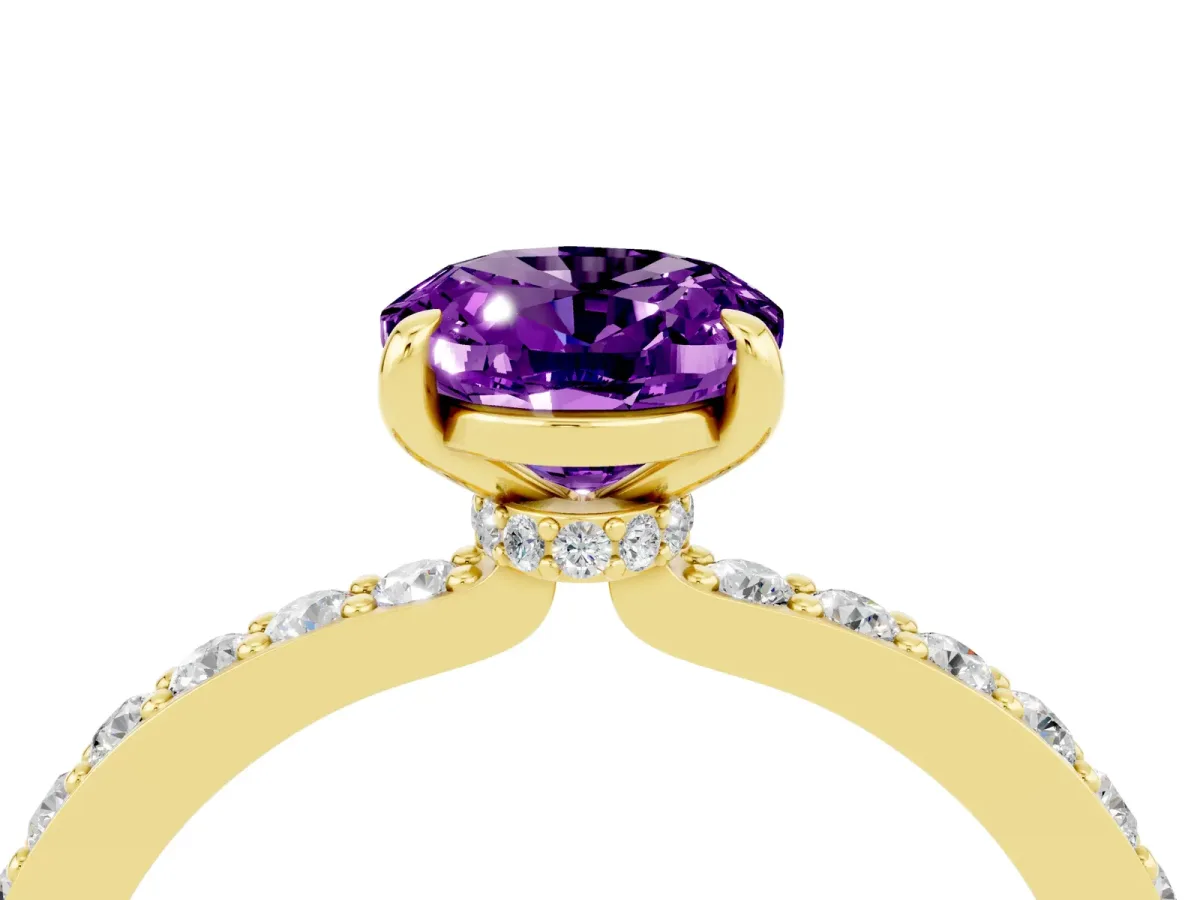 Oval Cut Amethyst Solitaire Engagement Ring with Pavé Band and Four-Prong Setting Yellow gold