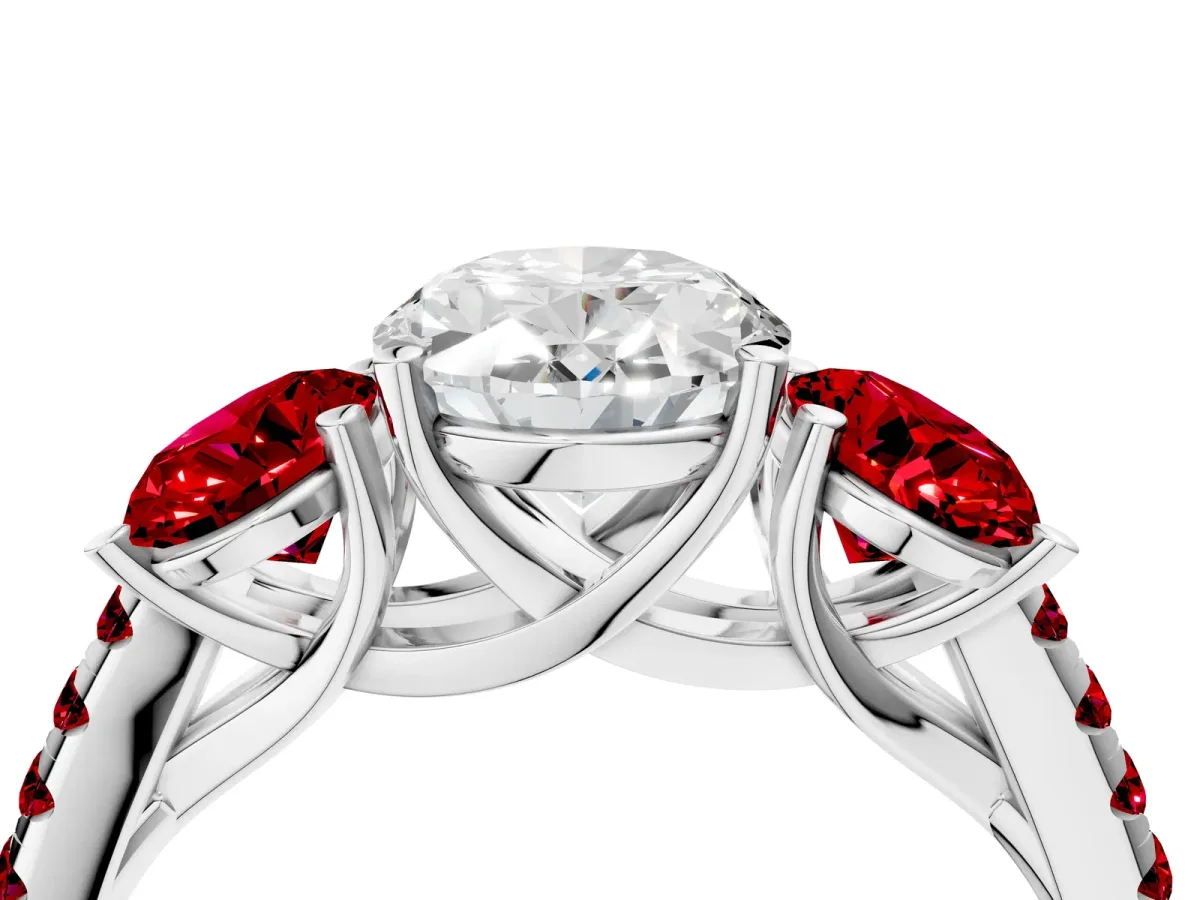 Three-Stone Oval Cut Diamond Ring with Round Ruby Pavé Band and Prong Setting Silver