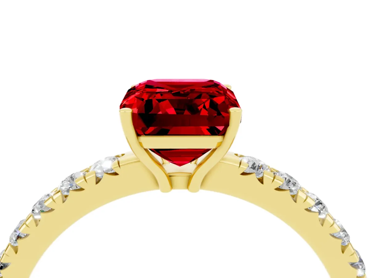 Emerald Cut Ruby Pavé Solitaire Engagement Ring with Four-Prong Setting Yellow gold