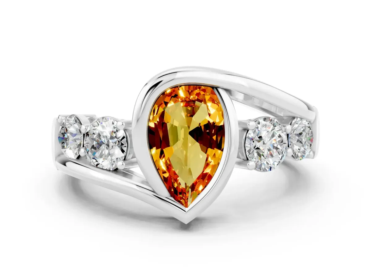 Bezel Set Pear Cut Citrine Bypass Ring with Round Accents Silver
