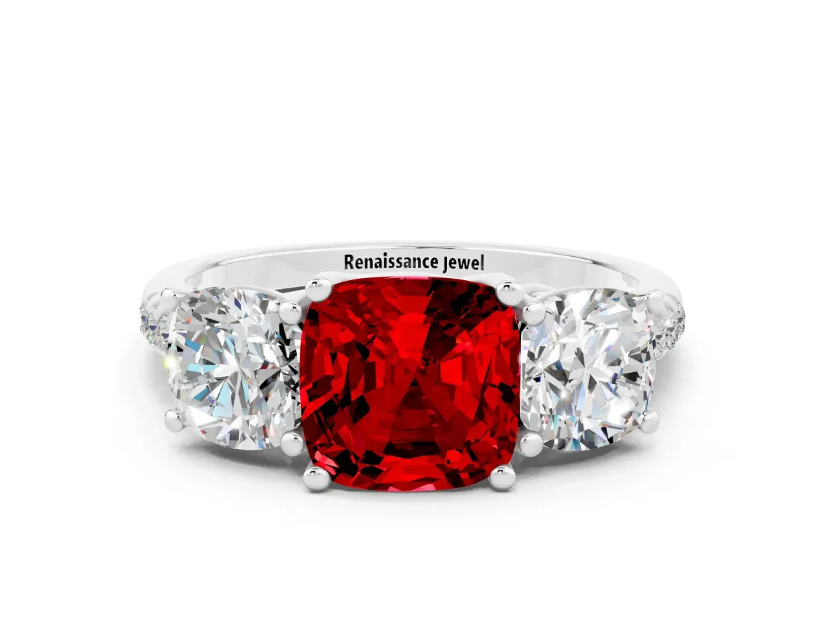 Three-Stone Cushion Cut Ruby Ring with Round Pavé Band and Prong Setting Platinum