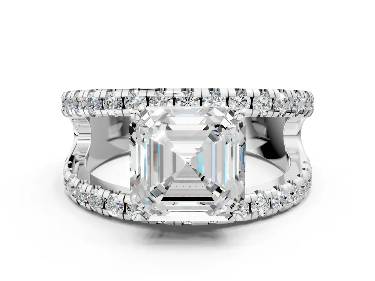 Asscher Cut Solitaire Split Shank Pave Diamond Ring Platinum
