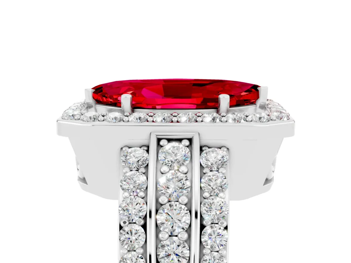 Marquise Cut Halo Ruby Ring with Round Split Shank and Prong Setting Platinum