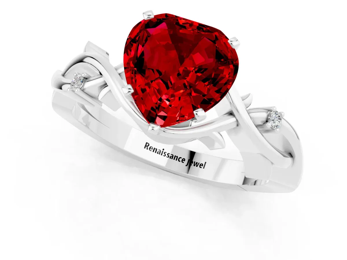 Heart Cut Ruby Solitaire Ring with Twisted Band and Prong Setting Platinum