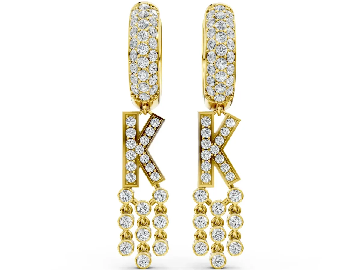 Round Diamond Initial K Huggie Hoop Earrings Yellow gold