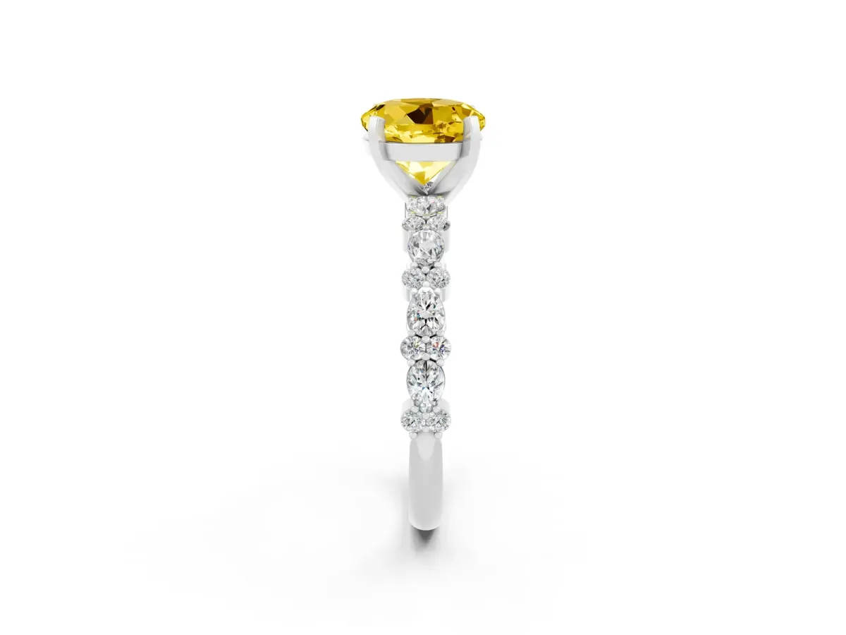 Round Cut Yellow Sapphire Side Stone Solitaire Ring with Round and Four-Prong Setting Silver