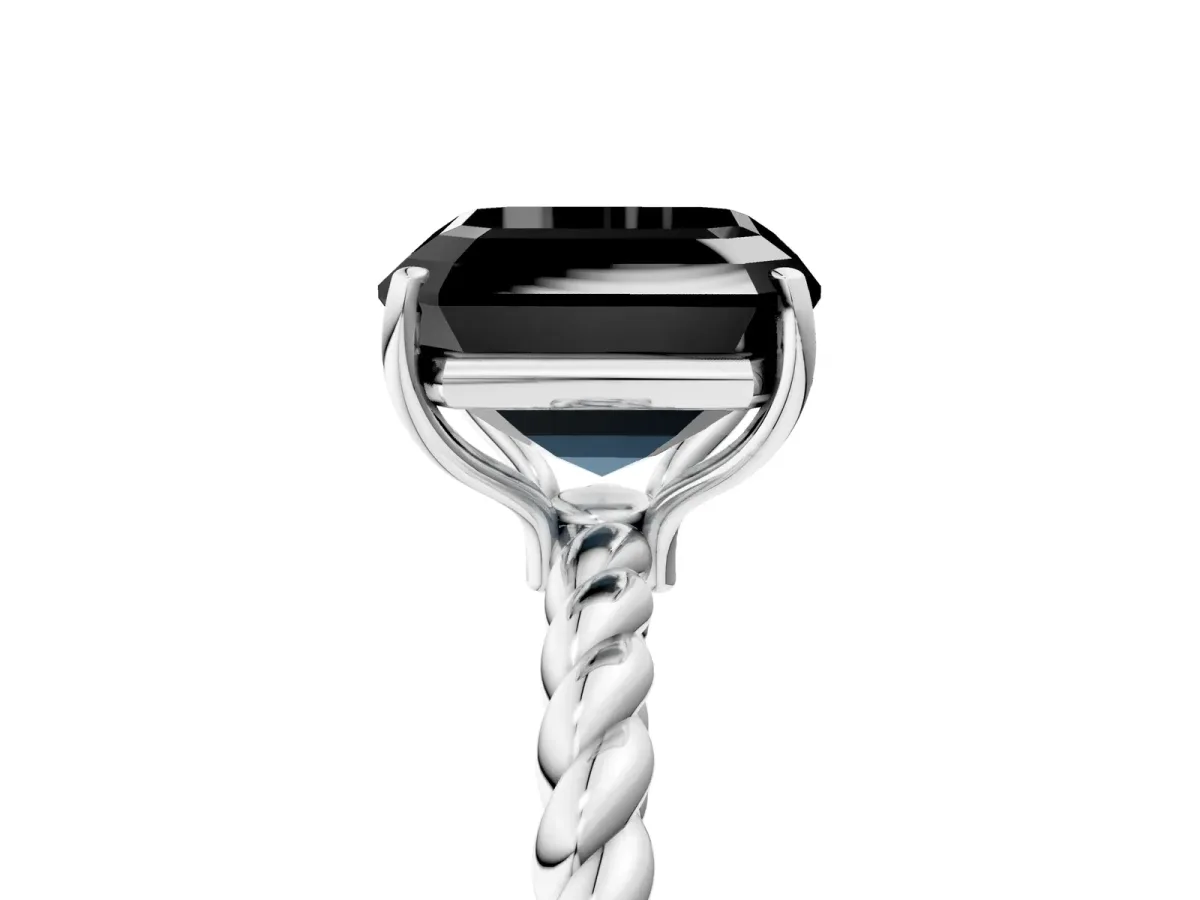 Fancy Black Asscher Cut Solitaire Twisted Band 4-Prong Ring Platinum