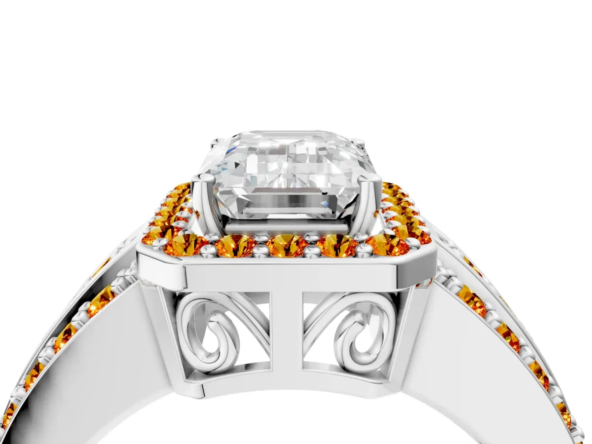 Emerald Cut Halo Diamond Ring with Round Citrine Split Shank and Prong Setting Platinum