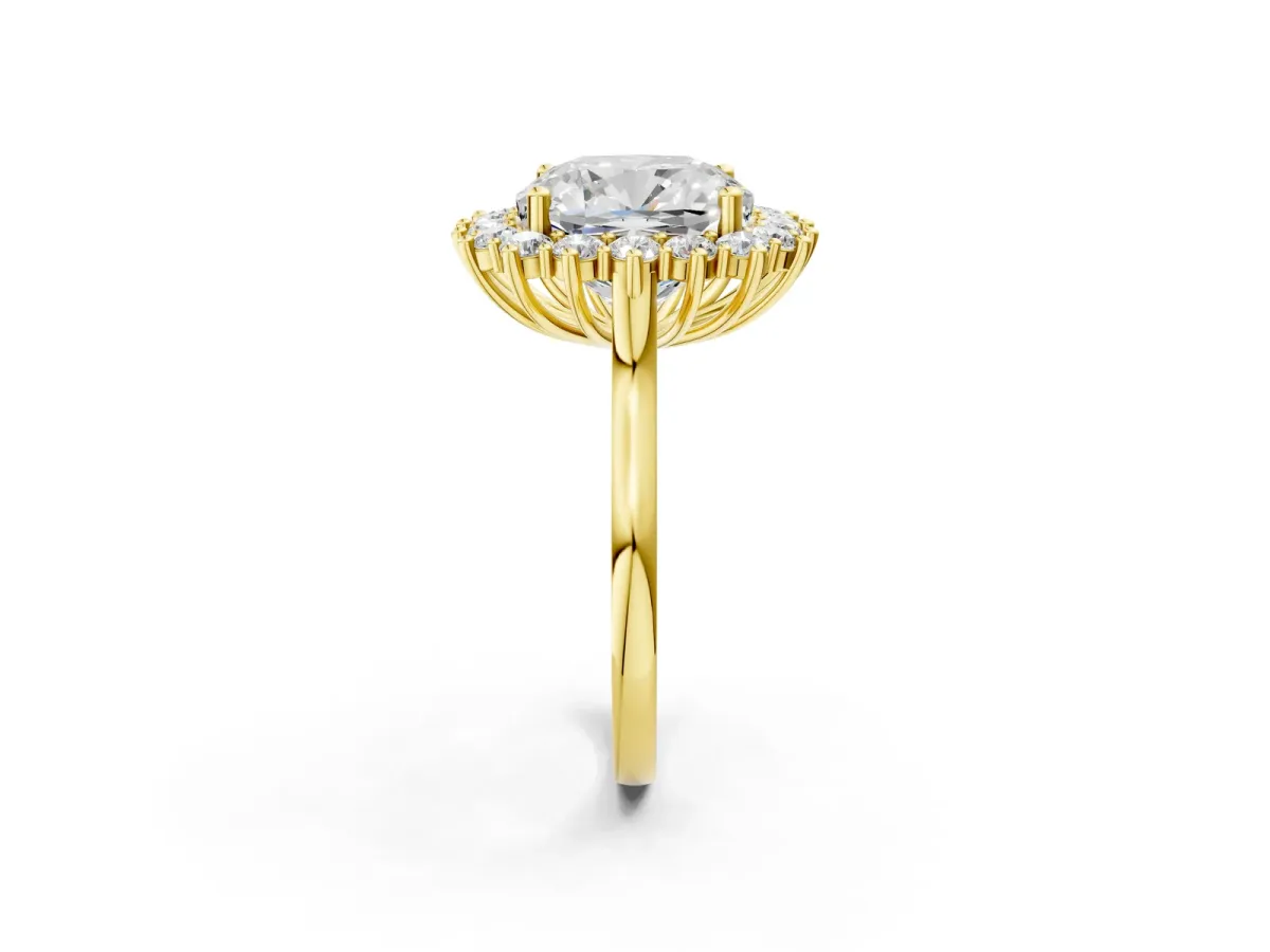 Cushion Diamond Halo Engagement Ring with Round Diamond Accents Yellow gold