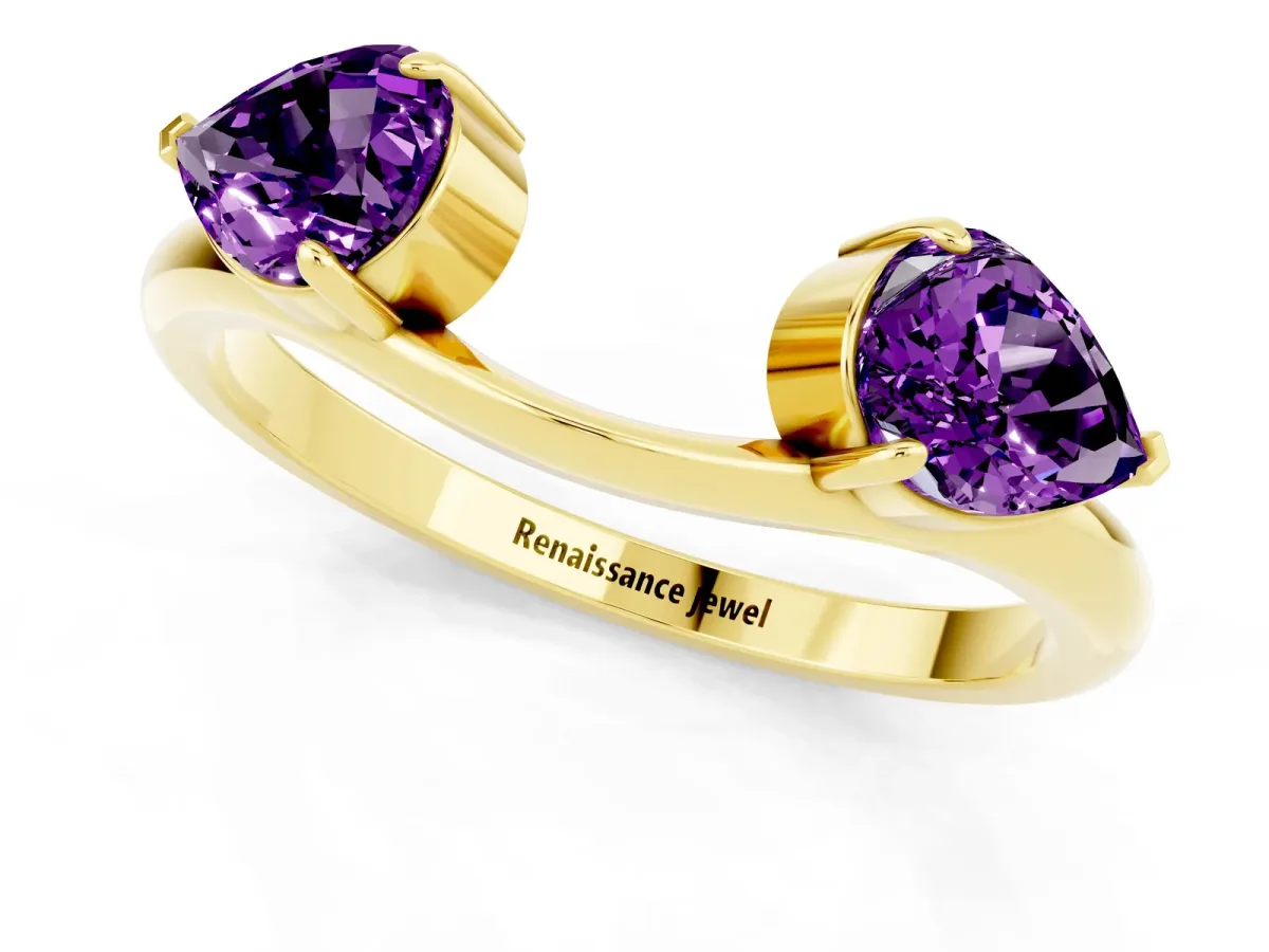 Two-Stone Pear Amethyst Bypass Ring with Prong Setting Yellow gold