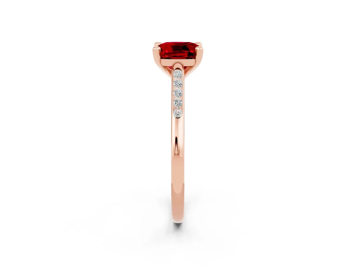 Cushion Cut Ruby Solitaire Ring with Channel Set Round Band and Prong Setting Rose gold